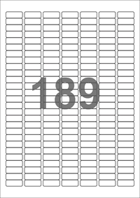 A4-etiketter, 189 etiketter/pr. ark, 25,4 x 10 mm, gennemsigtig med permanent lim, til din laser bordprinter.