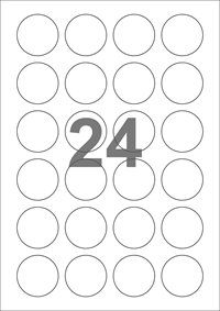 A4-etiketter, 24 runde etiketter/pr. ark, Ø40 mm, hvid blank med permanent lim, til din laser bordprinter.