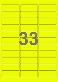 A4-etiketter, 33 etiketter/pr. ark, 100 ark, 64 x 24,3 mm, gul neon med permanent lim, til din inkjet eller laser bordprinter.