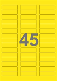 A4-etiketter, 45 etiketter/pr. ark, 58 x 17,8 mm, gul med permanent lim, til din inkjet eller laser bordprinter.