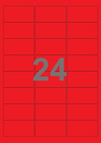 A4-etiketter, 24 etiketter/pr. ark, 64 x 33,9 mm, rød med permanent lim, til din inkjet eller laser bordprinter.