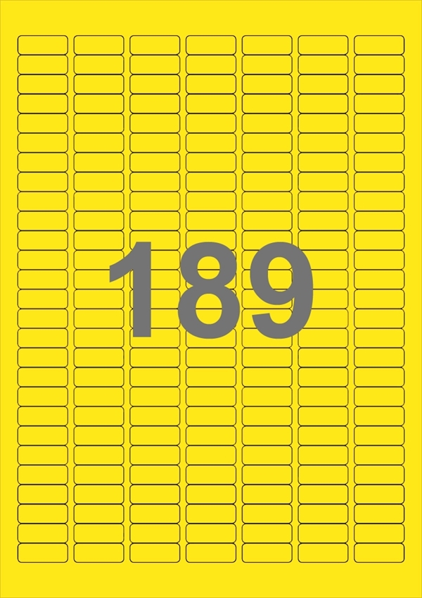 A4-etiketter, 189 etiketter/pr. ark, 25,4 x 10 mm, gul med permanent lim, til din inkjet eller laser bordprinter.