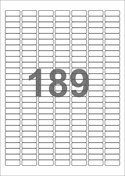 A4-etiketter, 189 etiketter/pr. ark, 25,4 x 10 mm, hvid med permanent lim, til din inkjet eller laser bordprinter.