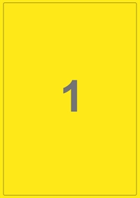 A4-etiketter, 1 etiket/pr. ark, 199,6 x 289 mm, gul blank med permanent lim, til din inkjet eller laser bordprinter.