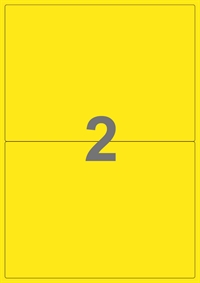 A4-etiketter, 2 etiketter/pr. ark, 199,6 x 143,5 mm, gul med permanent lim, til din inkjet eller laser bordprinter.