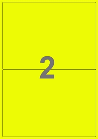 A4-etiketter, 2 etiketter/pr. ark, 100 ark 199,6 x 143,5 mm, gul neon med permanent lim, til din inkjet eller laser bordprinter.