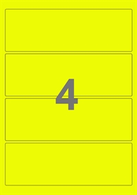 A4-etiketter, 4 etiketter/pr. ark, 195 x 65 mm, gul neon med permanent lim, til din inkjet eller laser bordprinter.