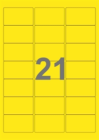 A4-etiketter, 21 etiketter/pr. ark, 63,5 x 38,1 mm, gul med permanent lim, til din inkjet eller laser bordprinter.