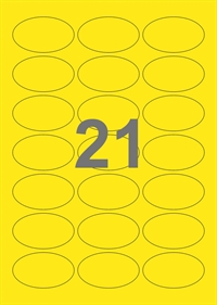 A4-etiketter, 21 ovale etiketter/pr. ark, 60 x 35 mm, gul med permanent lim, til din inkjet eller laser bordprinter.