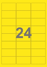 A4-etiketter, 24 etiketter/pr. ark, 64 x 33,9 mm, gul med permanent lim, til din inkjet eller laser bordprinter.