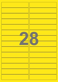 A4-etiketter, 28 etiketter/pr. ark, 99 x 20 mm, gul med permanent lim, til din inkjet eller laser bordprinter.