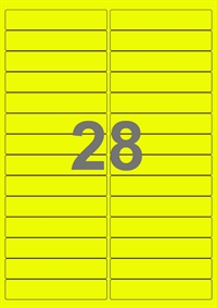A4-etiketter, 28 etiketter/pr. ark, 99 x 20 mm, gul neon med permanent lim, til din inkjet eller laser bordprinter.
