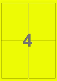 A4-etiketter, 4 etiketter/pr. ark, 100 ark, 99,1 x 139,0 mm, gul neon med permanent lim, til din inkjet eller laser bordprinter.