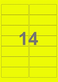 A4-etiketter, 14 etiketter/pr. ark, 100 ark, 99,1 x 38,1 mm, gul neon med permanent lim, til din inkjet eller laser bordprinter.