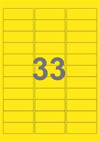 A4-etiketter, 33 etiketter/pr. ark, 64 x 24,3 mm, gul med permanent lim, til din inkjet eller laser bordprinter.