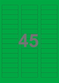 A4-etiketter, 45 etiketter/pr. ark, 58 x 17,8 mm, grøn med permanent lim, til din inkjet eller laser bordprinter.
