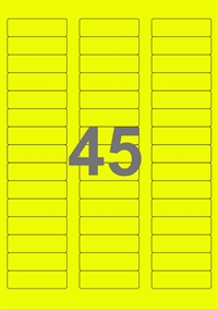 A4-etiketter, 45 etiketter/pr. ark, 100 ark, 58 x 17,8 mm, gul neon med permanent lim, til din inkjet eller laser bordprinter.