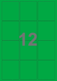 A4-etiketter, 12 etiketter/pr. ark, 63,5 x 72 mm, grøn med permanent lim, til din inkjet eller laser bordprinter.