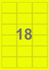 A4-etiketter, 18 etiketter/pr. ark, 100 ark, 63,5 x 46,6 mm, gul neon med permanent lim, til din inkjet eller laser bordprinter.