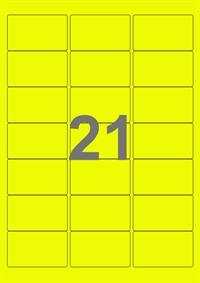 A4-etiketter, 21 etiketter/pr. ark, 100 ark, 63,5 x 38,1 mm, gul neon med permanent lim, til din inkjet eller laser bordprinter.