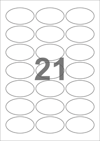A4-etiketter, 21 ovale etiketter/pr. ark, 60 x 35 mm, hvid mat med aftagelig lim, til din inkjet eller laser bordprinter.