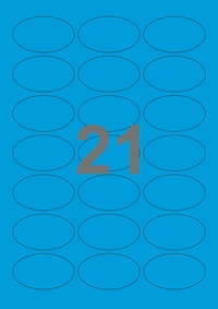 A4-etiketter, 21 ovale etiketter/pr. ark, 60 x 35 mm, blå med permanent lim, til din inkjet eller laser bordprinter.