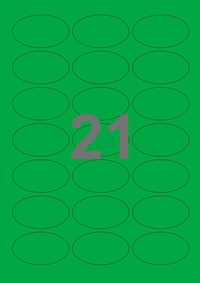 A4-etiketter, 21 ovale etiketter/pr. ark, 60 x 35 mm, grøn med permanent lim, til din inkjet eller laser bordprinter.
