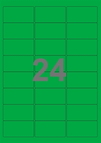 A4-etiketter, 24 etiketter/pr. ark, 64 x 33,9 mm, grøn med permanent lim, til din inkjet eller laser bordprinter.