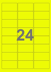 A4-etiketter, 24 etiketter/pr. ark, 100 ark, 64 x 33,9 mm, gul neon med permanent lim, til din inkjet eller laser bordprinter.