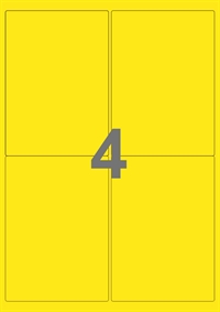 A4-etiketter, 4 etiketter/pr. ark, 99,1 x 139,0 mm, gul med permanent lim, til din inkjet eller laser bordprinter.