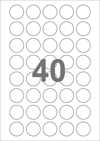 A4-etiketter, 40 runde etiketter/pr. ark, Ø30 mm, gennemsigtig med permanent lim, til din inkjet eller laser bordprinter.