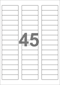 A4-etiketter, 45 etiketter/pr. ark, 58 x 17,8 mm, hvid mat med aftagelig lim, til din inkjet eller laser bordprinter.
