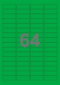 A4-etiketter, 64 etiketter/pr. ark, 45,7 x 16,9 mm, grøn med permanent lim, til din inkjet eller laser bordprinter.