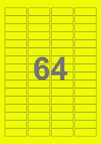 A4-etiketter, 64 etiketter/pr. ark, 100 ark, 45,7 x 16,9 mm, gul neon med permanent lim, til din inkjet eller laser bordprinter.