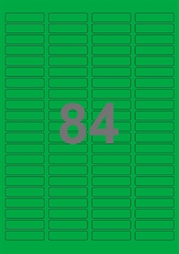 A4-etiketter, 84 etiketter/pr. ark, 46 x 11,1 mm, grøn med permanent lim, til din inkjet eller laser bordprinter.