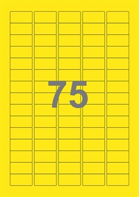 A4-etiketter, 75 etiketter/pr. ark, 34 x 18 mm, gul med permanent lim, til din inkjet eller laser bordprinter.