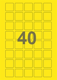 A4-etiketter, 40 etiketter/pr. ark, 30 x 30 mm, gul med permanent lim, til din inkjet eller laser bordprinter.