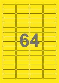A4-etiketter, 64 etiketter/pr. ark, 45,7 x 16,9 mm, gul med permanent lim, til din inkjet eller laser bordprinter.