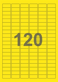 A4-etiketter, 120 etiketter/pr. ark, 30 x 14 mm, gul med permanent lim, til din inkjet eller laser bordprinter.