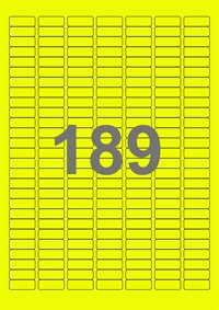 A4-etiketter, 189 etiketter/pr. ark, 100 ark, 25,4 x 10 mm, gul neon med permanent lim, til din inkjet eller laser bordprinter.