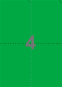 A4-etiketter, 4 etiketter/pr. ark, 105 x 147,64 mm, perforerede, grøn med permanent lim, til din inkjet eller laser bordprinter.