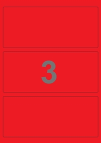 A4-etiketter, 3 etiketter/pr. ark, 198 x 85 mm, rød med permanent lim, til din inkjet eller laser bordprinter.