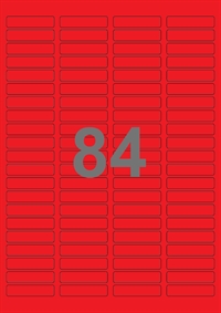A4-etiketter, 84 etiketter/pr. ark, 46 x 11,1 mm, rød med permanent lim, til din inkjet eller laser bordprinter.