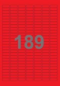 A4-etiketter, 189 etiketter/pr. ark, 25,4 x 10 mm, rød med permanent lim, til din inkjet eller laser bordprinter.