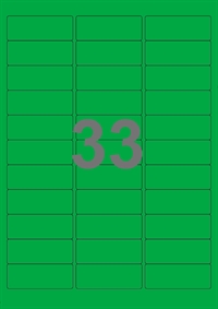 A4-etiketter, 33 etiketter/pr. ark, 64 x 24,3 mm, grøn med permanent lim, til din inkjet eller laser bordprinter.