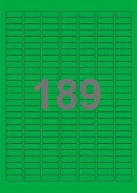 A4-etiketter, 189 etiketter/pr. ark, 25,4 x 10 mm, grøn med permanent lim, til din inkjet eller laser bordprinter.