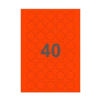 40 etiketter/A4-ark, Ø30, ScanNeon, rød, 100 ark - Runde etiketter på ark