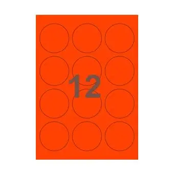 12 etiketter/A4-ark, Ø60, ScanNeon, rød, 100 ark - Runde etiketter på ark