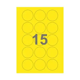 15 etiketter/A4-ark, Ø50 mm, ScanColour, gul, 100 ark - Runde etiketter på ark