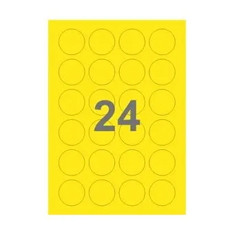 24 etiketter/A4-ark, Ø40 mm, ScanColour, gul, 100 ark - Runde etiketter på ark